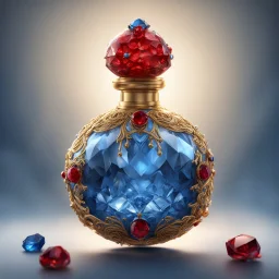 Golden round perfume bottle with a blue crystal cap and small red decorations. Illustrative art, art interpretation, concept art, cgsociety contest winner, seasonal art, seasonal art HD, 4k, 8k, intricate, detailed, intricately detailed, luminous, translucent fantasy crystal, holographic data, soft body, shadow play, light, fog, atmospheric, cinematic, light film, hyper-detailed, hyper-realistic, masterpiece, atmospheric, high resolution, 8k, HDR, 500px, mysterious and artistic digital art, phot