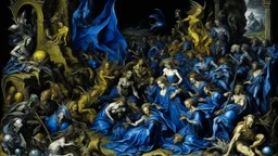 A dark blue chaotic realm with pixies painted by Albrecht Durer