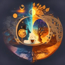 Psychedelic cafe design, mirror space with human face, sun, moon, stars, galaxy, love, water, fire, earth, wind and seventh element and light and tree of life and coffee bean