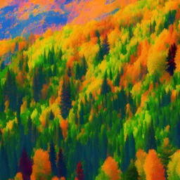 Layers of mountains and trees impressionist colorful