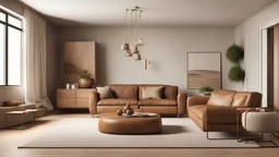 Home interior mock-up with brown leather sofa, table and decor in living room, 3d render