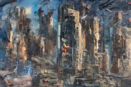 Spaceship starting from a Spaceport on a heavy industrialized planet, art by John Berkey, buildings with glass facades, insanely detailed, vibrant, 8k uhd, ultra-wide angle, street level view, brush strokes, blue sky with clouds