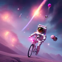 astronaut in pink suit flying through space on a bicycle in the style of Disney Pixar