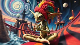 master oil painting by Dali and Escher, roller coaster hypno psycho shiny slimy dented alien yoga gremlin with rasta wig breast feeding with some bad ass power off shore oil platform cyber punk people experiencing gravity at its worst, pin hole cam, twisted perspective, goa trance music poster, awake within a psychedelic mushroom dream, with some motion blur background, and hyper depth perception layout