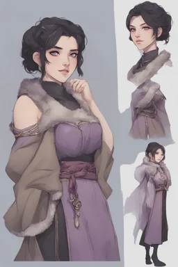 A dnd character sheet. A woman dressed for the cold north, with black hair and lilac eyes