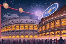 oktoberfest in roman colosseum, hyper detailed, digital part,riesenrad, view from inside, centered, detailed, 8k, shining, heaven, many happy people, dampf, cyberpunk art, neon lights, neon signs, night, stars, stadion lichter