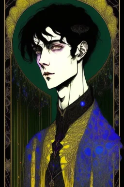 black hair, 17 year old, male, alchemist, in the style of Harry Clarke