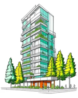 Dibujo arquitectónico de un edificio de cinco pisos, moderno, diseñado aplicando la proporción, estilo minimalista futurista, calidad ultra, gente, árboles, colores complementarios