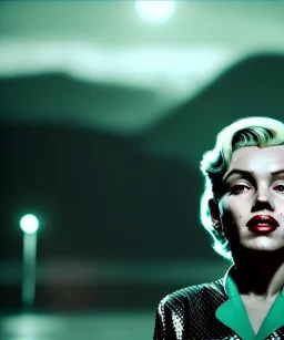 Ultra Realistic retro sci-fi scene, portrait, blonde woman, sweet young Marilyn Monroe face, perfect iris, tight latex coat, Strange planet background, Retro sci-fi style helmet, fog, rain, soft color, highly detailed, unreal engine 5, ray tracing, RTX, lumen lighting, ultra detail, volumetric lighting, 3d, finely drawn, high definition, high resolution.