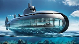 An unique futuristic glass and metal submarine in the ocean, with large of water surrounding it. The submarine bottom positioned in the center of the frame, providing a unique perspective on this streamlined high-techstructure underwater, high detalied, sharp focus, best shot, sci-fi mood