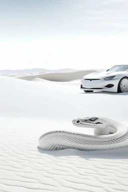 All white textured cobra car at the background , in a white desert sands a small Aloe vera., a white big king cobra snake ready to attack with her head