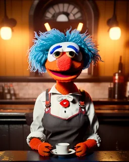 Pub scene, hybrid character, waitress woman with monster muppet mask that covers her entire head, retro style, Sesame Street style, smooth, unreal engine 5, god lights, ray tracing, RTX, lumen lighting, ultra detail, volumetric lighting, 3d.