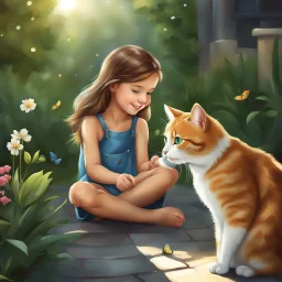 very beautiful realistic cartoon 10 years old girl playing with a cat