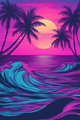 Neon, Paradise, Cyan, Pink, Purple, Blue, Sunset, Waves, hand drawn