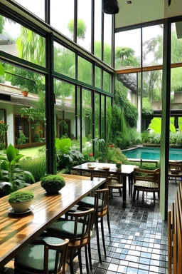 A cafe overlooking the garden and swimming pool