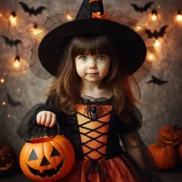 cute 3 year old girl with brown hair and expressive green eyes, dressed like witch, with an orange and black dress with spider web lace and a black witches hat, carrying an orange pumpkin basket, make the background a fun, but dark halloween setting