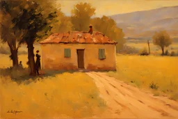 sunny day, mountains, trees, dirt road, countryside, nostalgy influence, adobe house, alfred stevens and ludwig dettman impressionism paintings