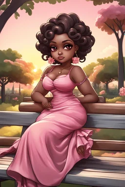 A curvy chibi cartoon black woman sitting on a park bench, facing the sunset. She has brown eyes accentuated by dramatic makeup. Her brown hair is done up in an elaborate curled twist. She sits slightly angled, wearing a flowing pink maxi dress with tropical flowers that seems to flutter in the gentle breeze.