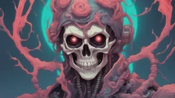 a close up of a person with a skull on their head, anime skull portrait man, scary detailed art in color, hiroyuki-mitsume takahashi, nychos art aesthetic, half man half skeleton, anime cyberpunk art, colored manga art, rossdraws pastel vibrant, hot colors. insanely detailed, beautiful anime portrait, stunning anime face portrait, scary art in color