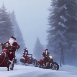 multiple santas driving a motorcycle arround christmass tree