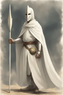 Knight wearing white robes and white cape with white face mask, holding a spear