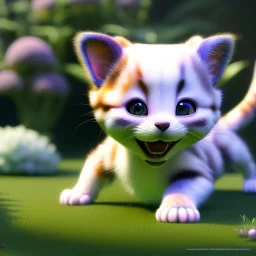 pixar style, volumetric garden environment and background, realistic painting of a cute midget calico kitten laying on the ground, looking excited, detailed digital painting, extreme dense and fine fur, anime, ornate, colour-washed colors, elegant, small minutiae, tiny features, particulars, centered, smooth, sharp focus, renderman gofur render, 8k, uhd, detailed eyes, realistic shaded volumetric lighting, sunlight caustics, backlight, centered camera view