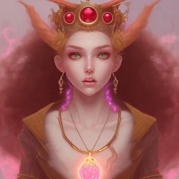 Fire witch, sweet looking, intimidating beauty, young, round face, pale blushing freckled skin, wild curly pink hair, red color eyes, wearing a pink witch hat, wearing a glowing pink and red crystal necklace