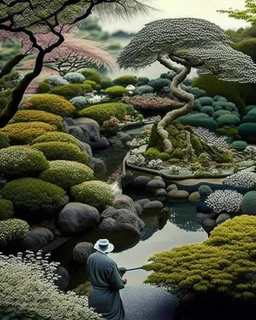 a person looking at gardens with The meticulously raked gravel resembled flowing rivers, while perfectly placed flowers evoked a sense of harmony. Bonsai trees, meticulously pruned and cultivated, exuded tranquility. A moment of peaceful contemplation amidst the artistry of nature's balance.