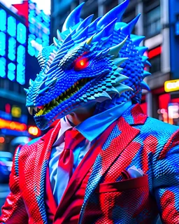 Man in dragon mask amazingly detailed dragon suit city mask background digital art red, white and deep blue 8k