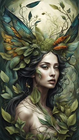 a metamorphosis scene where a woman is transforming into a creature or merging with nature. Emphasize the details of the transformation process, incorporating elements of both the human and the fantastical