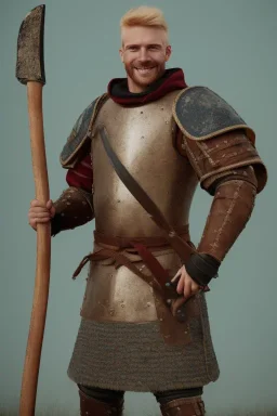 strong medieval men warrior with blond short hair, blue eyes and wide warm smile with an axe with green and brown clothes