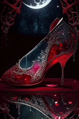 dark fantasy, intricate cover, a whimsical fairytale, translucent shoe made of moonlit glass with drops of crimson blood underneath