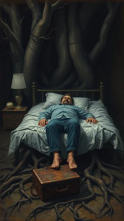Bosch painting style nightmare, sick man laying down his legs are tree roots , a suitcase by his bed in dramatic sad scene, fantasy,