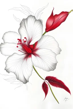 plain white page with a crosshatched ink drawing of a hibiscus branch with leaves. A realistic red hibiscus flower blossoms out of the page
