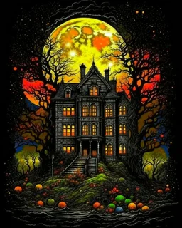 Moon, halloween night, shadowy old mansion surrounded by cemetery garden, dark forest in the background,HDR,UHD,8K, best quality, masterpiece, Highly detailed, ultra-fine painting, Urban Pulse::2 Street Art, deconstructionism, typographic expression, vibrant colors, urban surrealism, synthwave:: t-shirt vector, center composition graphic design, plain background::2 mockup::-2 --upbeta --ar 1:1