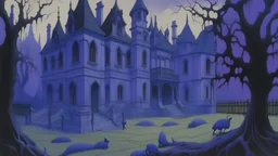 A purple graveyard filled with ghosts near a mansion painted by The Limbourg Brothers