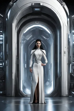 photorealistic slim woman looking and dressing like Drusilla standing at the entrance to a spaceship