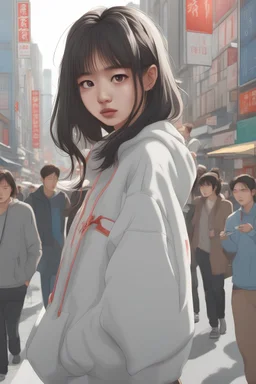 Beautiful 17 year old Chinese-Japanese woman wearing an oversized sweatshirt, standing on a crowded city street, hyper realistic, detailed face