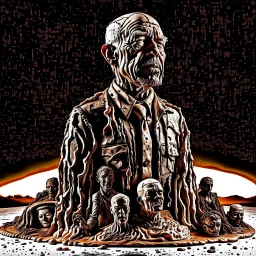 detailed peaceful landscape figure made of cake frosting, ice cream, dog teeth, Amano, Roger Dean, Max Ernst, strong texture Ernst Haekel, extreme detail, sunrise, nothingness and distressing anguish old wooden figure high contrast rich moody colours