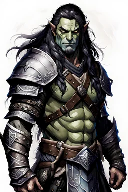 create a male fantasy Pathfinder half orc RPG full body character illustration with highly detailed facial features long hair hand held out to the side wearing simple armor in the art style of Wayne Reynolds, ink wash and watercolor, 8k, ArtStation, DeviantArt