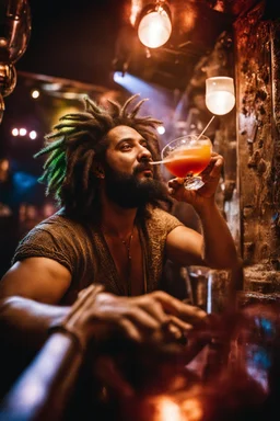 full figure photography of a rastaman chubby muscular strong 39-year-old arab in a discoteque, ajar mouth, shirtless, short beard, bald, drinking cocktail, manly chest, very hairy, side light, view from the ground