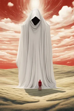 Giant massive huge in stature, majestic entity, hovering and floating over a large field landscape. the entity wears a white and red draped fabric that has printed on the material resembling stars. the fabric has also technological elements. you can see how big it is compared to a tiny human standing in front of it