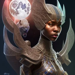 sango fantasy, fantasy magic, intricate, sharp focus, illustration, highly detailed, digital painting, concept art, matte, artgerm and paul lewin and kehinde wiley, masterpiece Asian black panther Papu New Guina pyramid black silver space lady space blood moon galaxy