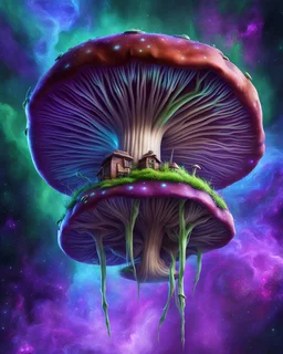 A floating island mushroom house in space. green blue purple cosmic, deep space nebulas. Detailed gloss Painting, bright color, fantastical, intricate detail, splash screen, hyperdetailed, insane depth, concept art, 8k resolution, trending on Artstation, Unreal Engine 5, color depth, backlit, splash art, dramatic, High Quality Whimsical Fun Imaginative, good composition