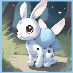 Appearance: Binomi is a small, round creature that resembles a cute ball. Color: Its primary color is light blue, with small white spots that look like stars. Eyes: It has large, round eyes that reflect innocence and curiosity. Ears: Its ears are small and pointed, resembling rabbit ears. Legs: It has short, chubby legs, which make it look funny when it moves. Tail: Its tail is short and fluffy, adding a touch of cuteness to its appearance. Expression: It wakes up with a sleepy and f