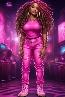 Create a digital airbrush cartoon of a curvy African American female wearing a hot pink jean outfit with timberland boots. Prominent make up with hazel eyes. She is wearing large diamond hoop earrings. Extremely highly detailed very long dread locs hair that shines. Background of a night club.