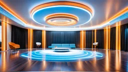 beautiful dance stage in luxury modern hall dynamic lights, modern furniture light blue & orange theme