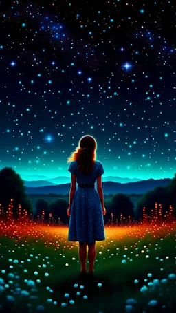 girl standing from behind, night, stars, beautiful painting, field, beautiful girl, dream, summer, shining stars, beautiful flowers, 8k