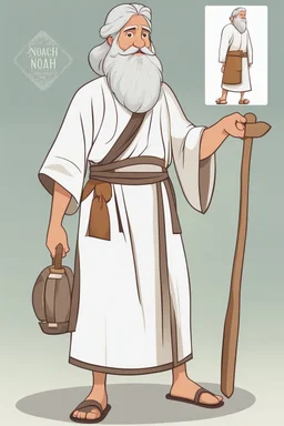 Noah, biblical character, long tunic, sandals on his feet, white beard and hair, hammer in his hand, model sheet, cartoon style, cute, 2d, minumalism, simple art.