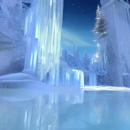 castello di cristallo bianco e oro ， cascata, diamanti, aurora boreale, ice and snow, blue and white, sole liscio e luminoso ， atmosfera di luce soffusa, effetto luce ， vaporwave colorato, concept art, dettaglio liscio ed estremamente nitido, dettaglio finemente regolato, altissima definizione , 8 k, motore irreale 5, messa a fuoco ultra nitida